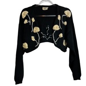 S.G. Morris Designs Vintage Y2K Cropped Cardigan Black 3D Floral Pearl Bolero M